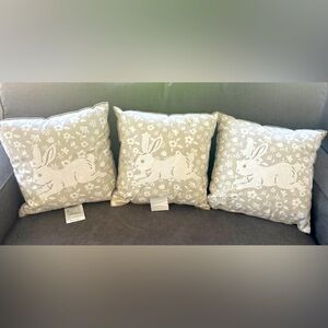 Bunny Embroidered Throw Pillow 16x16 Tan White Floral Spring Easter Set of 3 NEW
